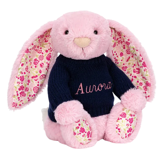 Blushkin Blossom Luxe Bunny with Personalised Navy Jumper